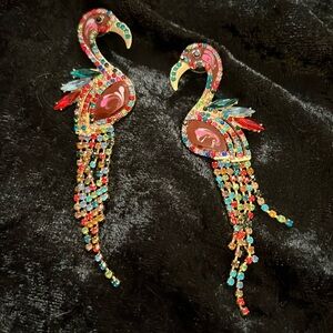 Pierced earrings. Multi colored rhinestone. Flamingo. 4” drop. Never worn.